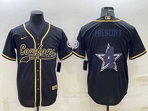 Men%27s Dallas Cowboys #4 Dak Prescott Black Gold Team Big Logo With Patch Cool Base Stitched Baseball Jersey->dallas cowboys->NFL Jersey